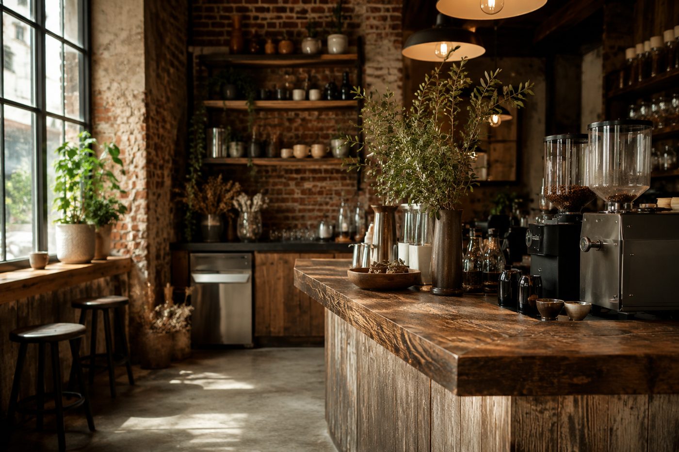 Ember's cozy industrial coffee shop interior with warm lighting and inviting seating