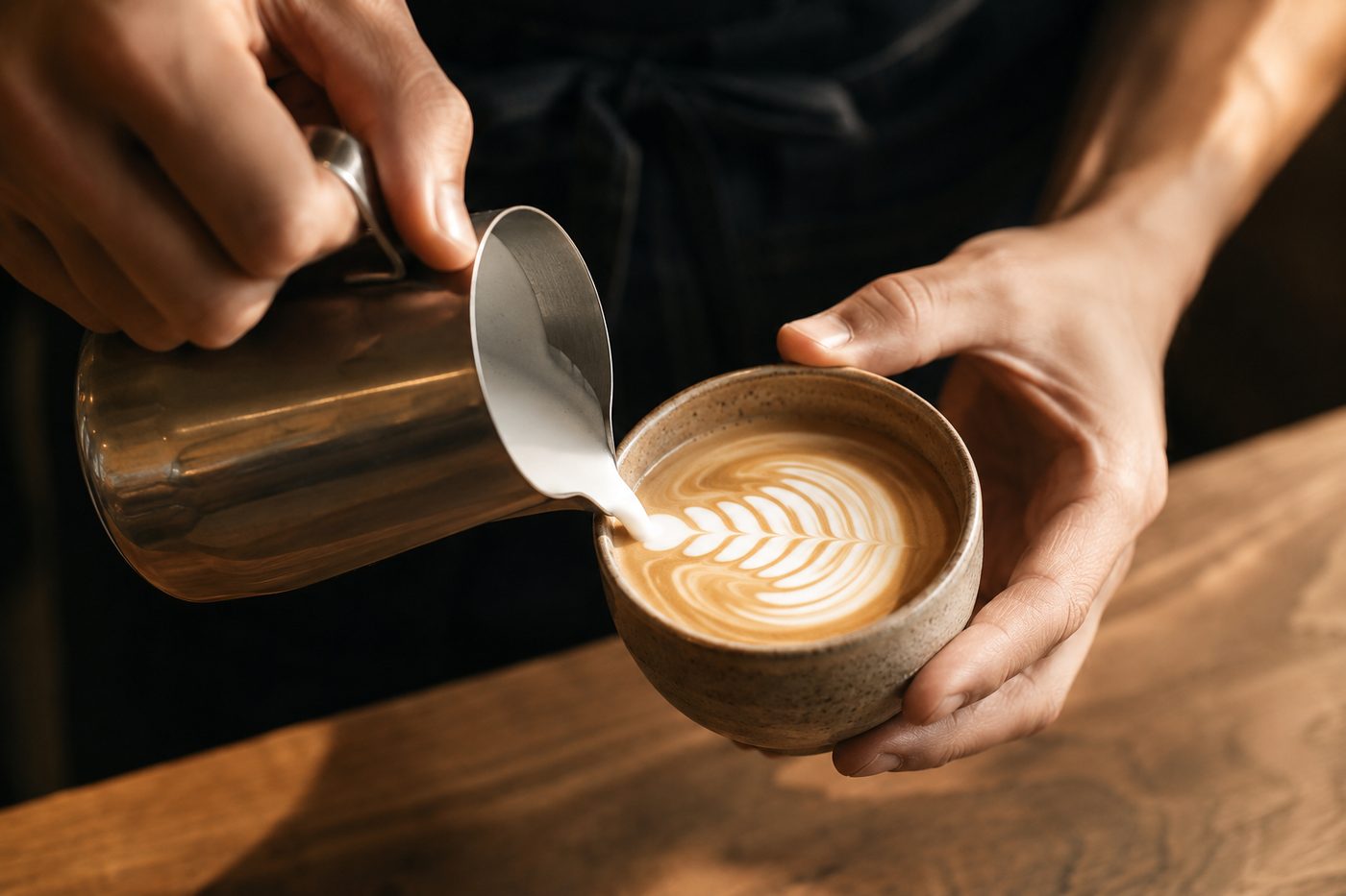 Latte art swirled into a freshly poured cappuccino at the Ember bar