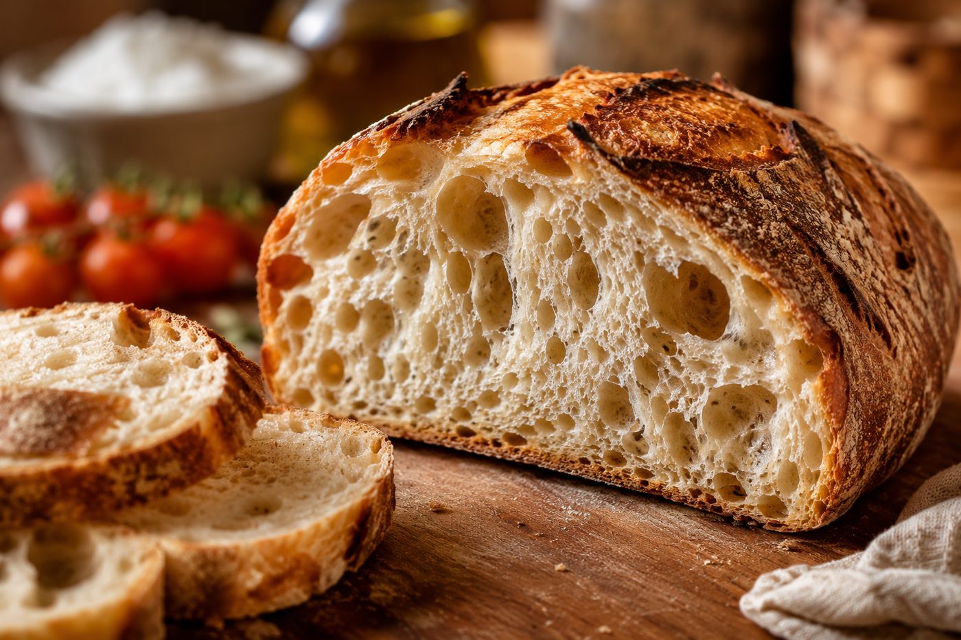 Rustic loaf of bread sliced open to reveal an airy, open crumb